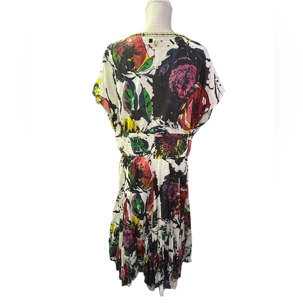 Sandy Starkman Artsy Beaded Colorful Watercolor Floral Cotton Dress 1X Vintage - Picture 5 of 15